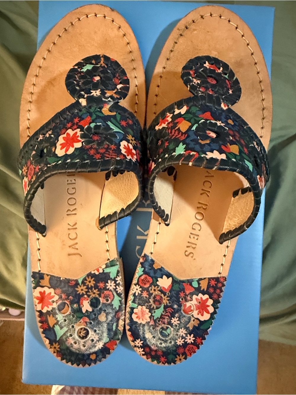 Jack Rogers Navy Floral Leather Thong Sandals - Picture 2 of 4